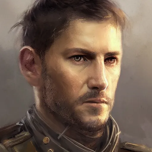 Image similar to Portrait of a man by Greg Rutkowski, he is about 40 years old, english pirate features, attractive, military composure, short brown hair, chilean, father image vibes, he is wearing futuristic military fatigues, highly detailed portrait, digital painting, artstation, concept art, smooth, sharp foccus ilustration, Artstation HQ.