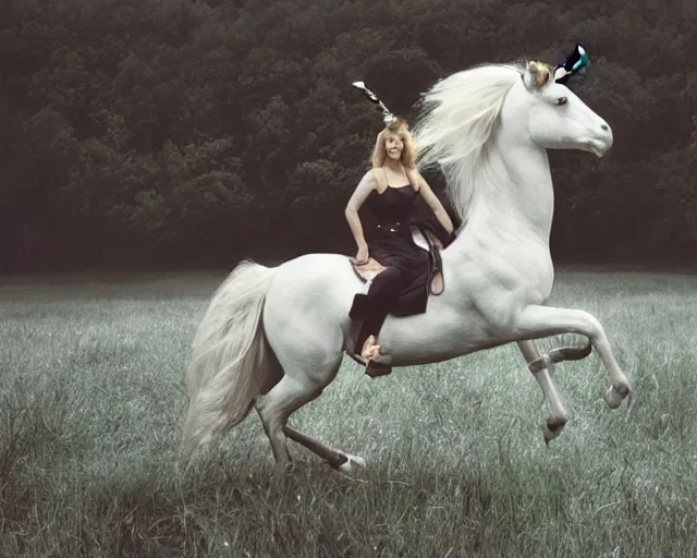 Image similar to photo of a woman riding a unicorn, photo by annie liebovitz