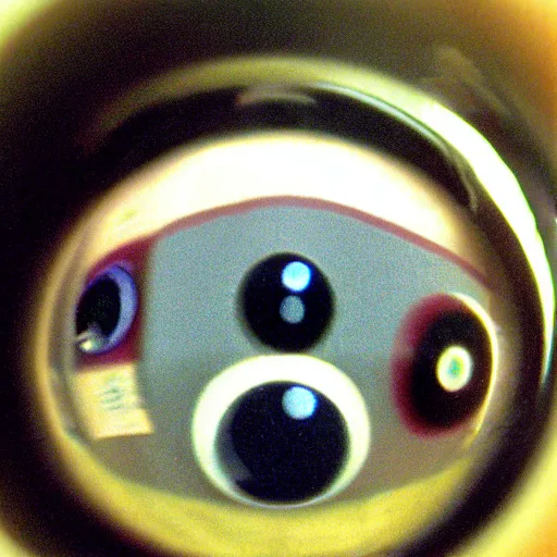 Prompt: creepy found footage of Thomas the tank engine, super close-up zoom fish eye staring at you terrifying