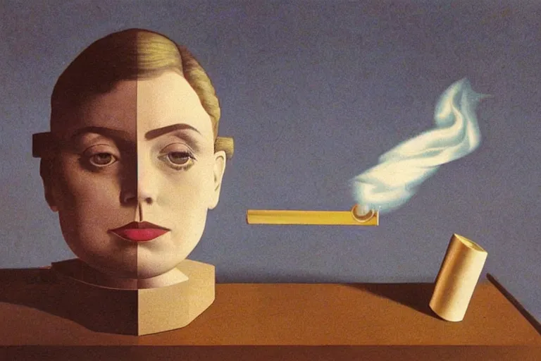 Prompt: a lit joint lying in an ashtray, slow, smoke in the shape of a woman's face, surreal, magritte