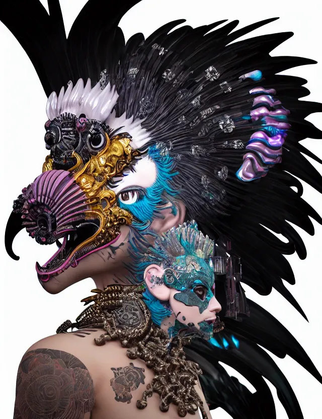 Image similar to 3 d goddess close - up profile portrait punk with mohawk with ram skull. beautiful intricately detailed japanese crow kitsune mask and clasical japanese kimono. betta fish, jellyfish phoenix, bio luminescent, plasma, ice, water, wind, creature, artwork by tooth wu and wlop and beeple and greg rutkowski