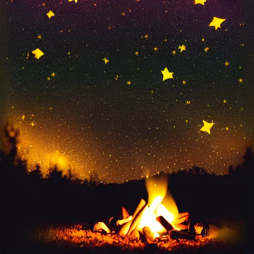 Image similar to a comfy crackling outdoor campfire in front of a very dark background of yellow illustrated stars, astrophotography, warm muted colors, cut paper photo collage with photograph and illustration