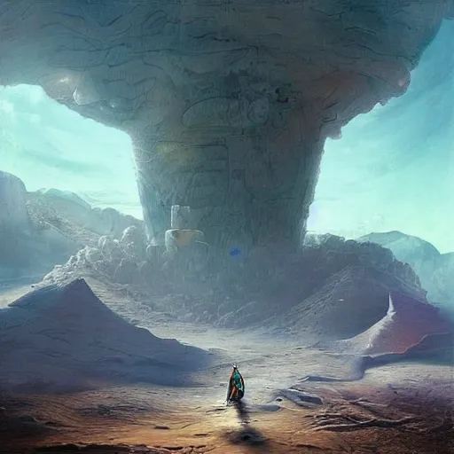 Prompt: A fresco painting of a nomadic wanderer traversing a corrupted futuristic crystal desert by Jacek Yurka, Kelly Freas, Filip Hodas