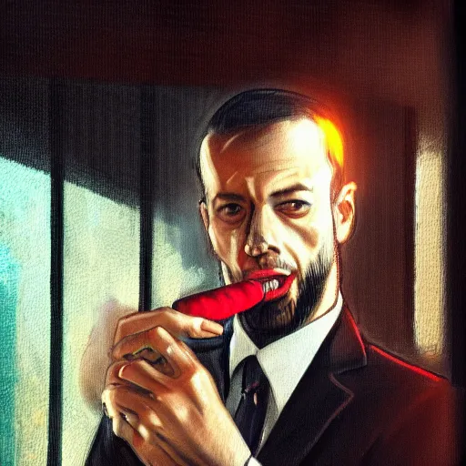 Image similar to andrew tate wearing a suit smoking a cigar on his mouth, dramatic lighting, cinematic, establishing shot, extremly high detail, photorealistic, cinematic lighting, artstation, style by James Gurney