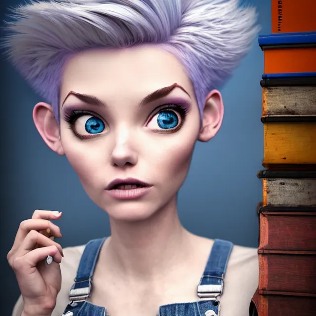 Image similar to full body pose, beautiful adult fairy, pixar, short white hair shaved sides, dirty, grungy, grunge, long sleeve, painted overalls, stacks of giant books, highly detailed, 4 k, hdr, smooth, sharp focus, high resolution, award - winning photo, artgerm, photorealistic