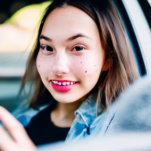 Image similar to a beautiful cute young woman takes a photo of herself, sitting in her car, flushed face, red blush, light freckles, big puffy lips, smiling softly, soft features, 8 k, sharp focus, instagram, portra 4 0 0