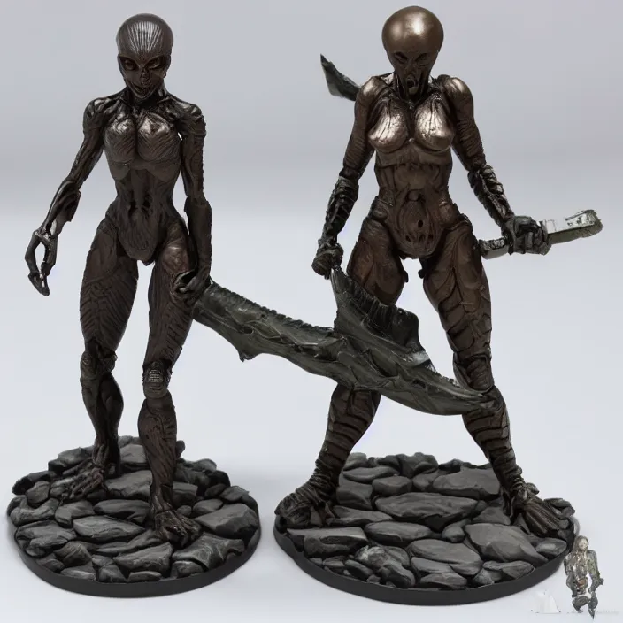 Image similar to 80mm resin detailed miniature of a Alien and a Female warrior, Product Introduction Photos, 4K, Front view, Full body