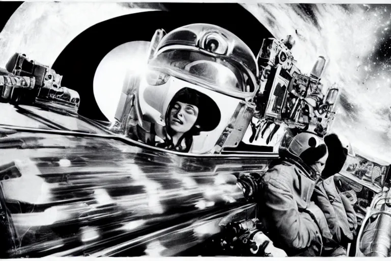 Prompt: space truckers in space, b / w photo, 1 9 6 0 s