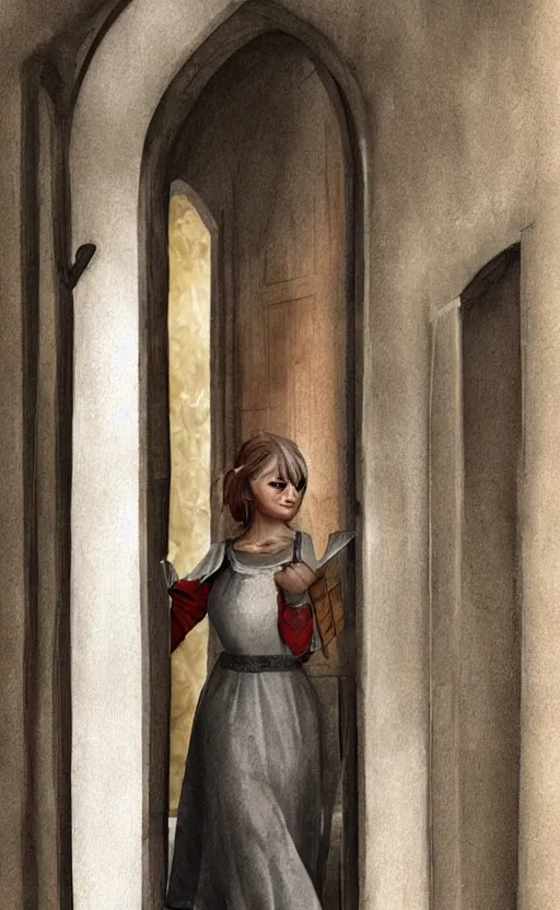 Prompt: medieval servant girl walking in castle hallway, about to enter doorframe, half turned around, full body, ultra realistic, digital painting