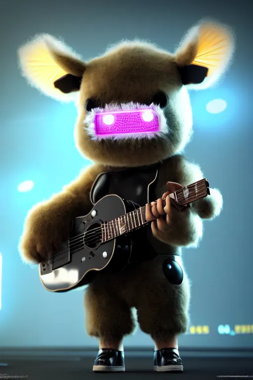 Image similar to high quality 3 d render very cute fluffy! cyborg cow plays guitar, cyberpunk highly detailed, unreal engine cinematic smooth, in the style of blade runner & detective pikachu, hannah yata charlie immer, moody light, low angle, uhd 8 k, sharp focus