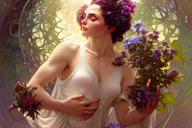 Image similar to the platonic ideal of flowers, growing, insects and praying of ubermench, mix of a woman and a man, d & d, fantasy, ego death, decay, dmt, psilocybin, art by artgerm and greg rutkowski and alphonse mucha