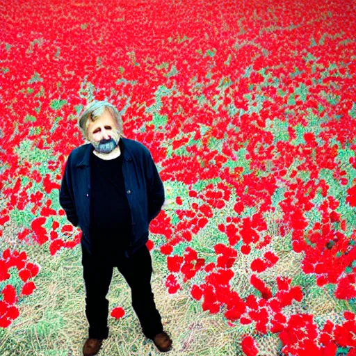 Prompt: Art photography Slavoj Žižek having a fight against red flowers