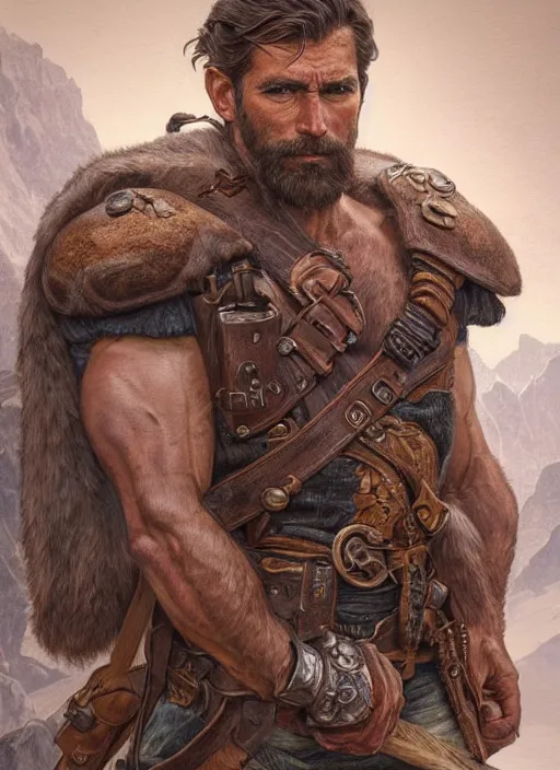 Prompt: portrait of a ruggedly handsome ranger, hands details, muscular, full body, leather, hairy, d & d, fantasy, intricate, elegant, highly detailed, digital painting, artstation, concept art, smooth, sharp focus, illustration, art by artgerm and greg rutkowski and alphonse mucha