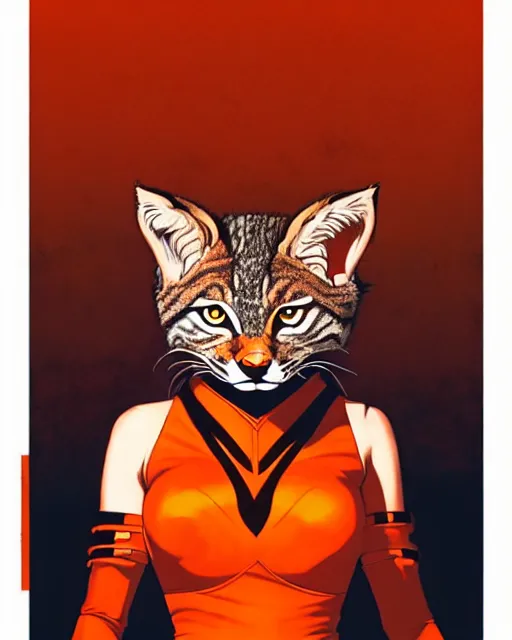 Image similar to artgerm, joshua middleton comic cover art, bobcat with orange fur, red dress, symmetrical eyes, symmetrical face, white shirt with red exclamation point logo, dark castle background, cinematic lighting