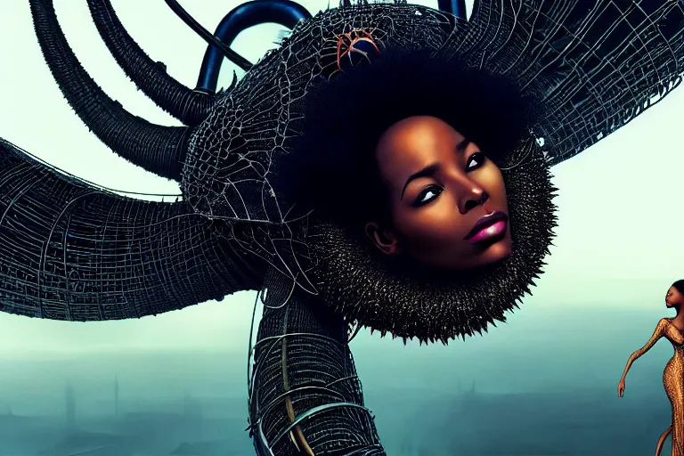 Image similar to realistic detailed closeup portrait movie shot of a beautiful black woman on a giant spider, dystopian city landscape background by denis villeneuve, amano, yves tanguy, alphonse mucha, ernst haeckel, edward robert hughes, roger dean, cyber necklace, rich moody colours, sci fi patterns, wide angle