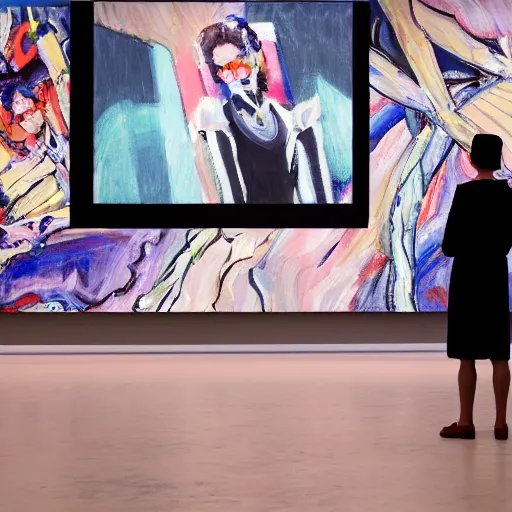 Prompt: art curator looking at a screen with a painting of an at field, hypnotic, on stage in the middle of a fashion show, in the style of grand chamaco and stanley kubrick, inspired by evangelion, photorealistic, epic, super technical, cinematic still