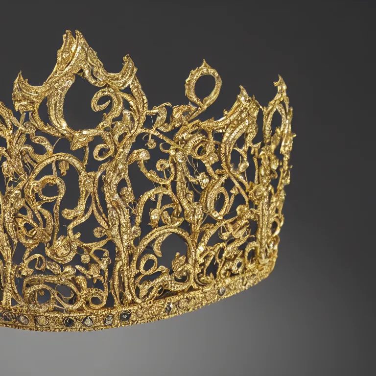 Prompt: Ultra realistic fantasy tiara, intricate detailed, gilded gold and diamonds, sharp focus, octane render, high quality, 8k, volumetric lighting, on black background !dream