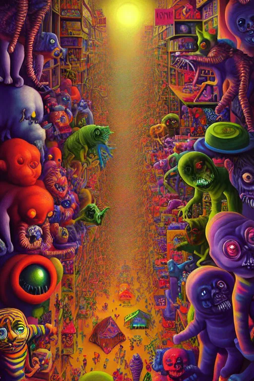 Image similar to a photorealistic painting of an isometric nightmare at the toy store horror by johfra bosschart, lisa frank, dark fantasy art, high detail, trending on artstation