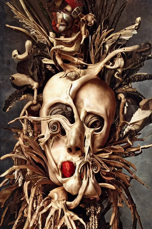 Image similar to Detailed maximalist portrait a Greek god with large lips and with large white eyes, exasperated expression, skeletal with extra fleshy bits, botany, HD mixed media 3d collage, highly detailed and intricate, surreal illustration in the style of Caravaggio, dark art, baroque