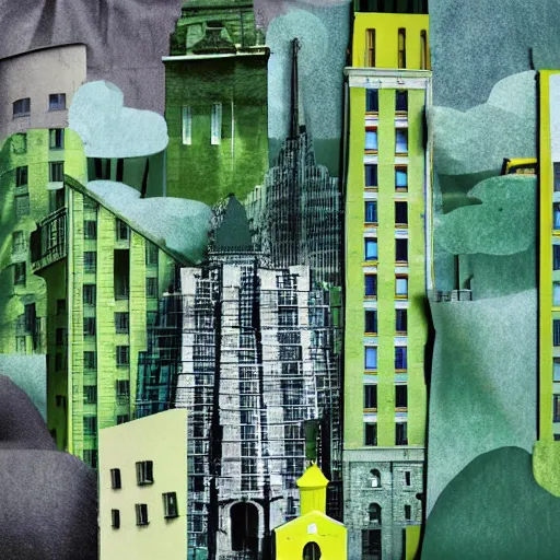 Image similar to collage style Joseba Elorza, Journalic paper texture buildings, papercut, pop-art, background green color