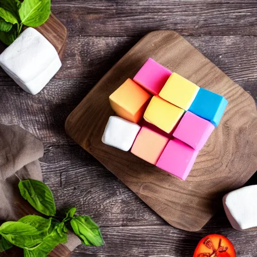 Image similar to photograph of a marshmallow cube on a wooden chopping board, styled food photography, colorful topping, photorealistic, 4 k