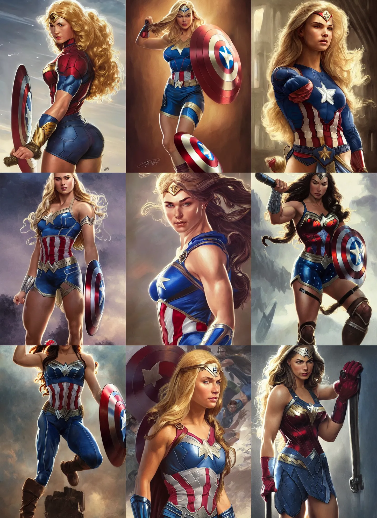 Prompt: a very muscled and young april with a mischievous face and extremely long blonde wavy hair dressed as teen superhero, captain america, wonder woman, intricate detailed face, artgerm, greg rutkowski, alphonse mucha