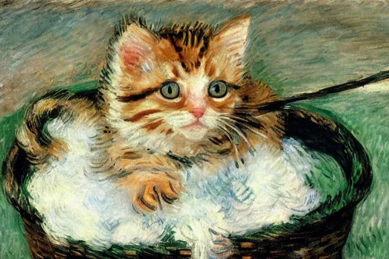 Prompt: a perishing cute kitten coiled up in a basket outside by a snowy day, snow everywere, snowy landscape, by Monet, Manet, Renoir