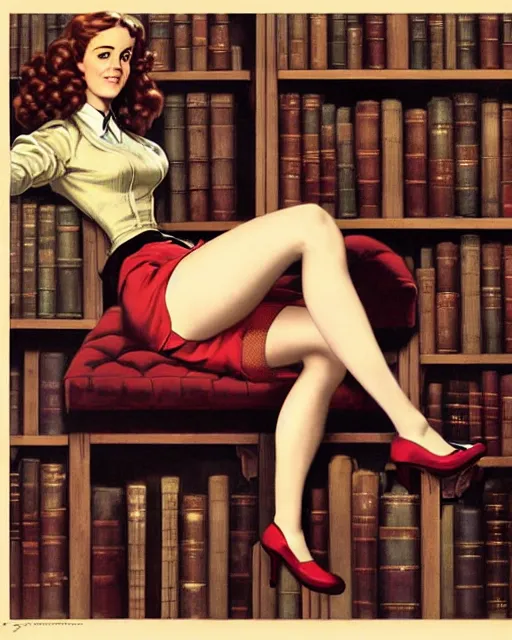 Prompt: pinup photo of hermione granger by emma watson in the library of hogwarts, by james jean, gil elvgren, enoch bolles, glossy skin, pearlescent, anime, very coherent, flat