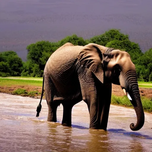 Prompt: An elephant walking in a river, XF IQ4, 150MP, 50mm, f/1.4, ISO 200, 1/160s, natural light, Adobe Photoshop, Adobe Lightroom, DxO Photolab, Corel PaintShop Pro, rule of thirds, symmetrical balance, depth layering, polarizing filter, Sense of Depth, AI enhanced