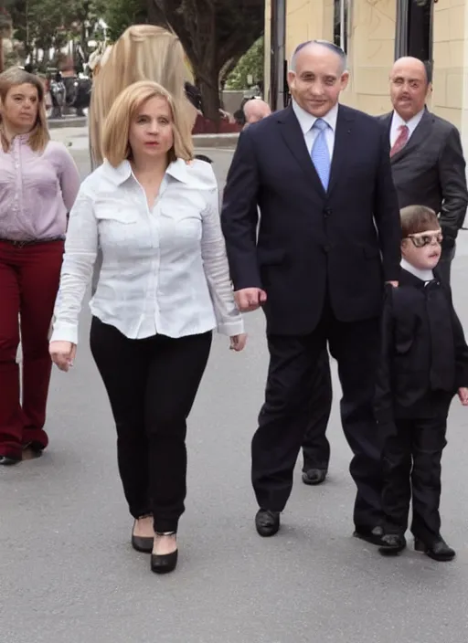 Image similar to midget benjamin netanyahu walking next to giant sarah netanyahu