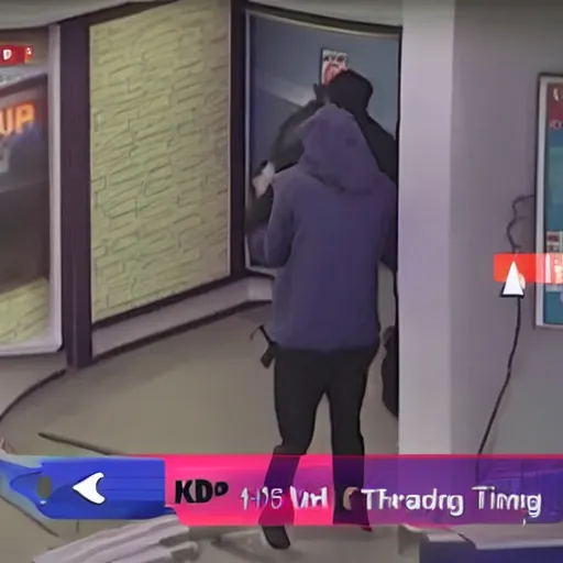 Prompt: CCTV footage of MKBHD robbing a bank, recording tv static