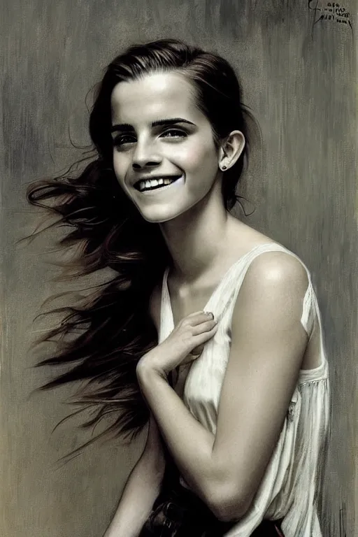 Image similar to emma watson smiling laughing gathered faille v - neck smiling detailed portrait painting by gaston bussiere craig mullins j. c. leyendecker photograph by richard avedon peter lindbergh