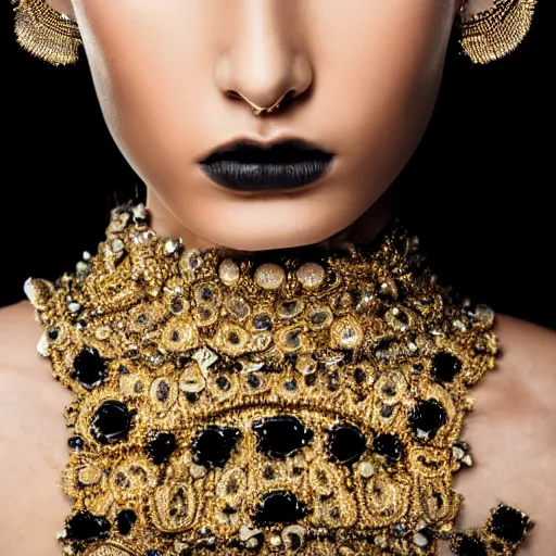 Prompt: close up of face of a fashion model with plated gold on face in luxury black dress, black background, official valentino editorial, highly detailed