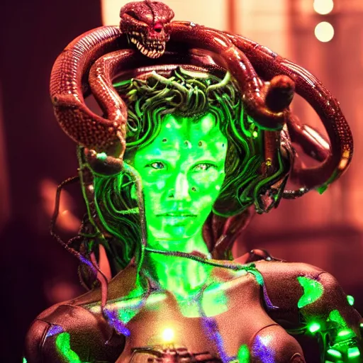 Image similar to real life terminator gorgon medusa with borg implants and robotic snakes coming out of her head sitting at a cafe having a cup of coffee. Tiny green led lights in her cybernetics. very detailed 8k