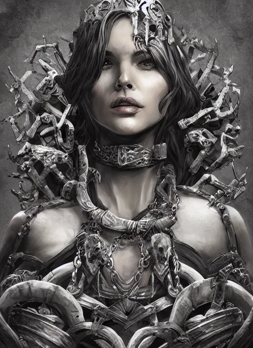 Image similar to the ruined queen sitting on a throne made of skulls, concept art, digital illustration, trending on artstation, deviantart, artgerm, epic composition, masterpiece, highly detailed, perfect face, realistic face, wlop, ross draws