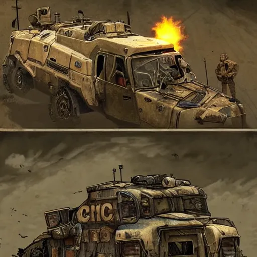 Image similar to a post-apocalyptic APC in the style of fallout in the style of mad-max in the style of metro:2033 trending on artstation deviantart Pinterest Photorealistic HD 8k highlights and shadow detailed High Resolution