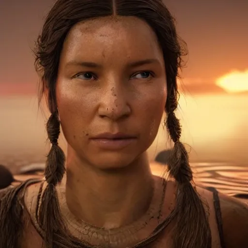 Image similar to hyperrealistic film full body still of sacagawea in river, inspired by istvan sandorfi & greg rutkowski & unreal engine, perfect facial symmetry, dim volumetric cinematic lighting, 8 k octane comprehensive render, extremely hyper - detailed, incredibly lifelike attributes, intricate, real flesh texture, masterpiece, artstation, stunning,