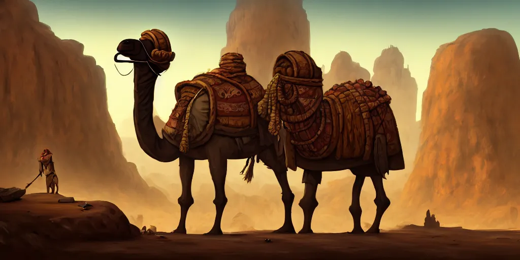 Prompt: an anthropomorphic camel that is a merchant, village trader, caves of qud, matte oil painting, retrofuturistic, concept art, science fantasy, post - apocalyptic, mutant, rpg, epic, rust, salt, plants, dungeons & dragons, toxic, sharp focus, award - winning, extremely detailed, 4 k, 8 k