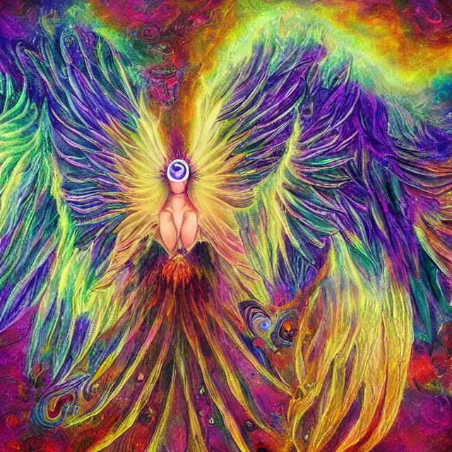 Image similar to angelic ophanim Lovecraftian celestial covered in eyes feathers and wings, oil painting award winning, chromatic aberration sharp colors, fractal geometry sublime angel be not afraid