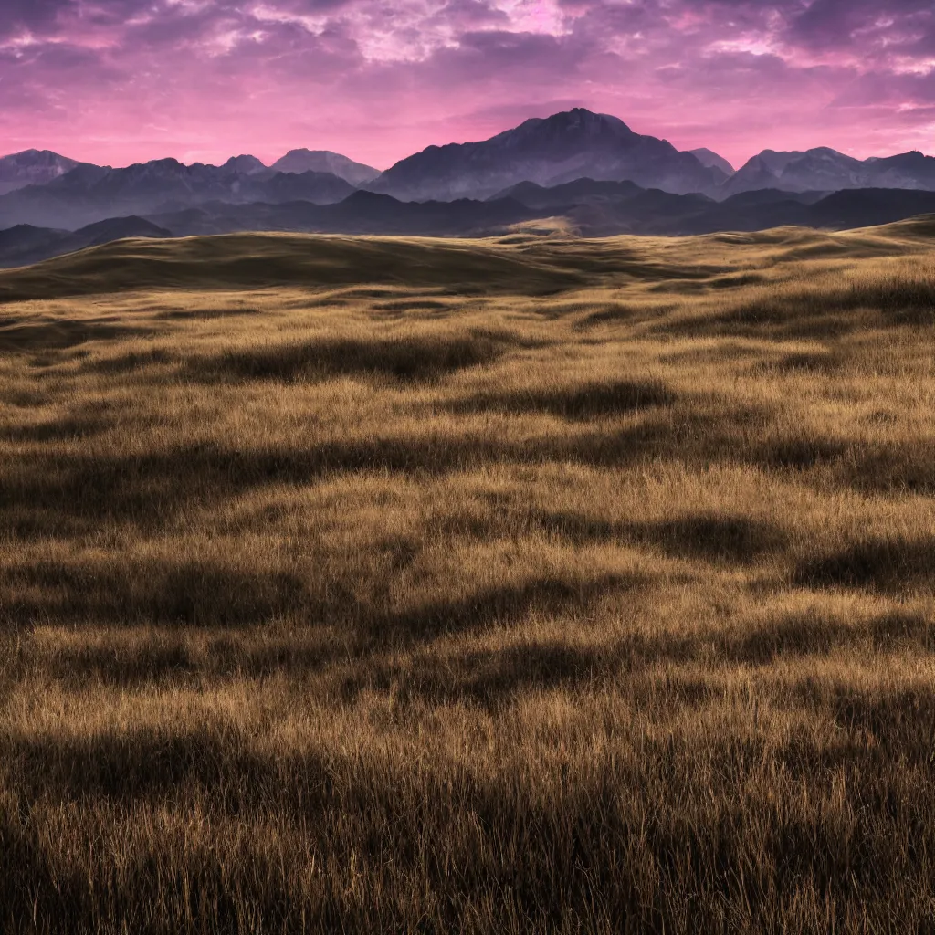 Prompt: steppes, white grey and black tall grass, shadowed mountains in the horizon, black sky with a purple dusk, epic, dark, highly detailed, high resolution, 4 k, 8 k, hyperrealistic landscape