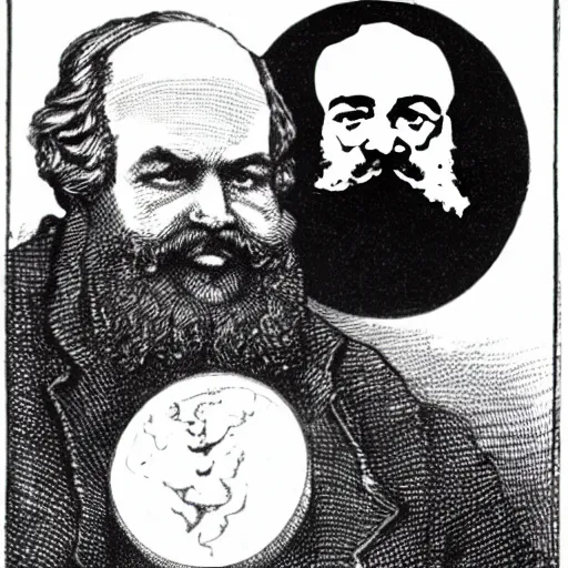 Prompt: Karl Marx pondering his orb next to Karl Marx pondering his orb