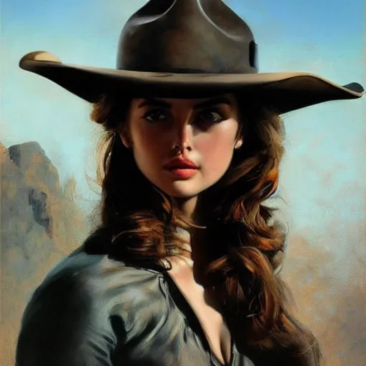 Image similar to ultra realistic portrait painting of ana de armas as a western outlaw, art by frank frazetta, 4 k, ultra realistic, highly detailed, epic lighting