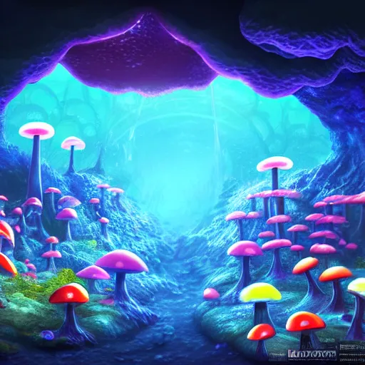 Prompt: deep sea cave, fantasy, neon mushrooms, illuminated by mushrooms, scenic underground environment, anime underwater landscape, cave, 8k, digital art, trending on art station