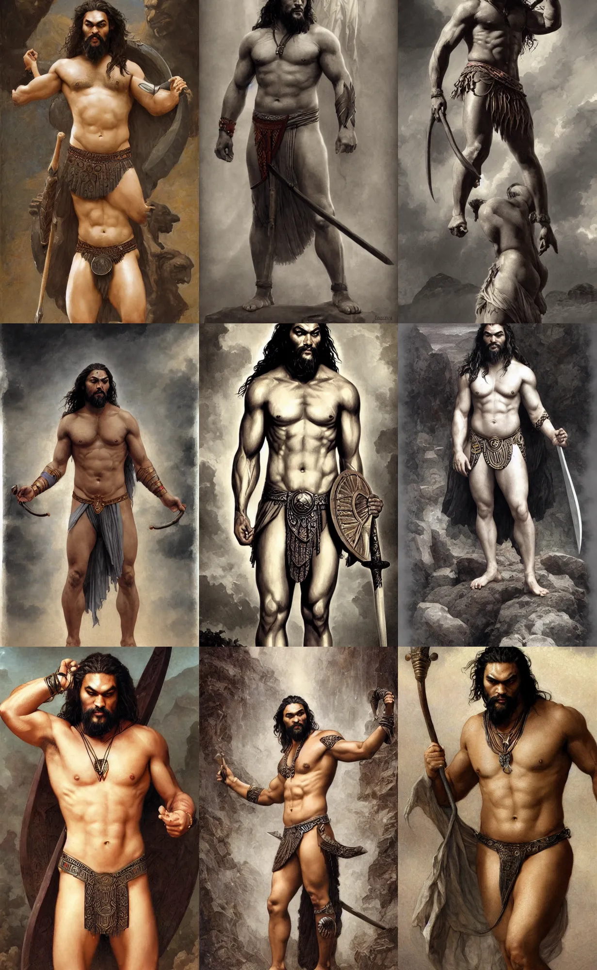 Prompt: jason momoa as ancient assyrian, full body, loincloth, symetrical, grey background, intricate, sharp focus, illustration, orientalism, bouguereau, aleksi briclot