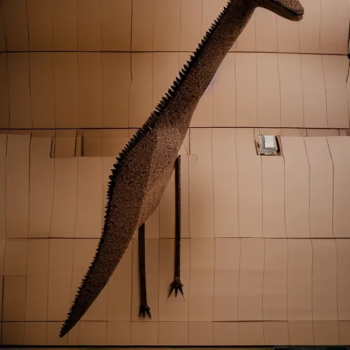 Prompt: a diplodocus made of brown cardboard, dslr, white room