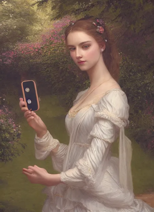 Image similar to upper body portrait of a beautiful maiden in an expensive victorian dress holding taking a selfie in a royal garden, award winning, masterpiece digital painting by greg rutkowski, alex grey, artstation, 4 k wallpaper,