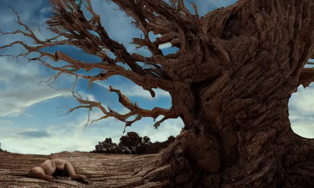 Image similar to medium shot of a crying ancient dried up Danu, peaceful, facing the camera and standing in front of a dried up river in a desolate land, dead trees, blue sky, hot and sunny, highly-detailed, elegant, dramatic lighting, artstation, 4k, cinematic landscape, photograph by Elisabeth Gadd