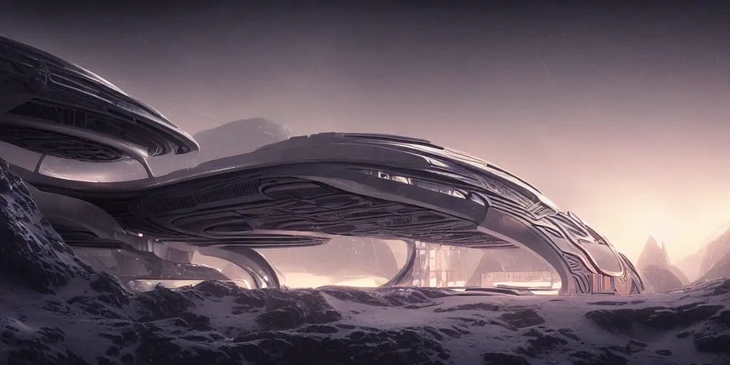 Image similar to futuristic space station in the snowy mountains 3 d concept art, cinematic lighting, intricate details, building by zaha hadid, pastel orange sunset, emissary space by arthur haas and bruce pennington and john schoenherr, cinematic matte painting, dark moody monochrome colors, trending on artstation, featured on behance