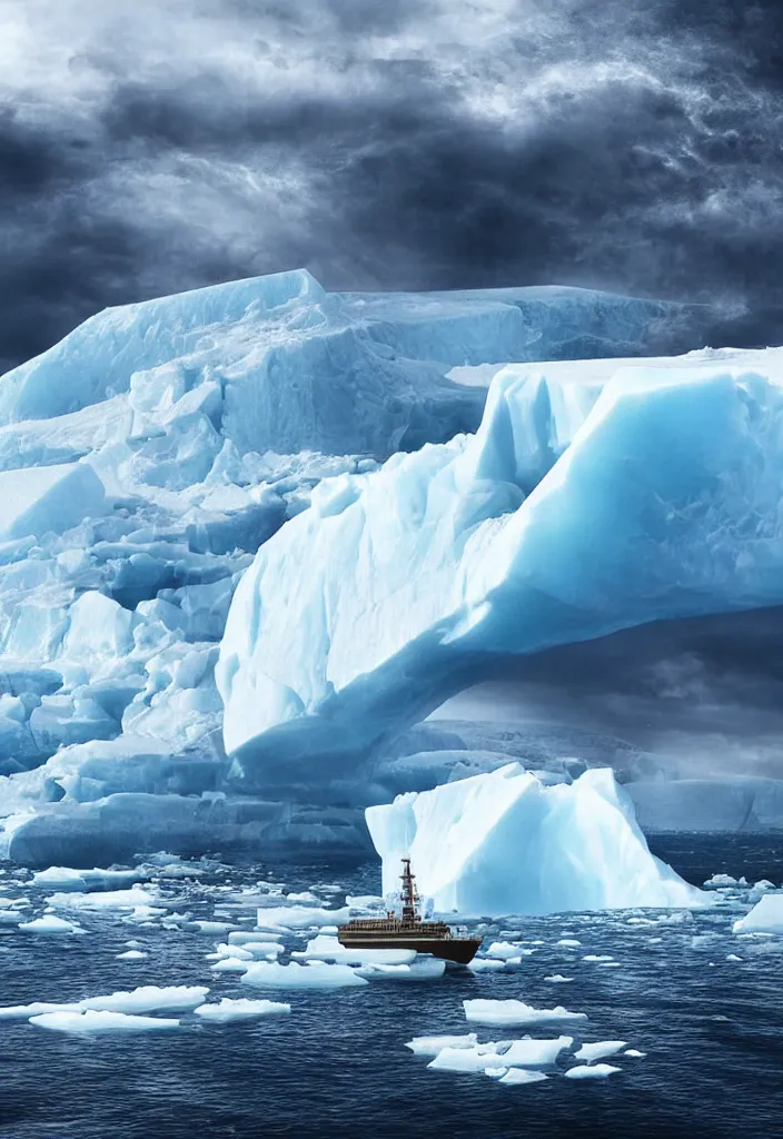 Prompt: ship being persecuted by a police ship over raging turbulent waters in antartica, icebergs in the background, hyper realistic, highly detailed, digital art, apocalyptic, intimidating lighting, raytracing, sharp focus, smooth, dramatic action scene