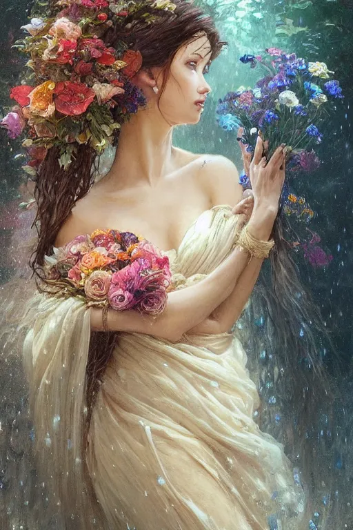 Image similar to portrait of a beautiful mysterious woman holding a bouquet of flowing flowers, drenched clothing, wet dripping long hair, hands hidden under the bouquet, emerging from the water, fantasy, regal, intricate, by stanley artgerm lau, greg rutkowski, thomas kindkade, alphonse mucha, loish, norman rockwell